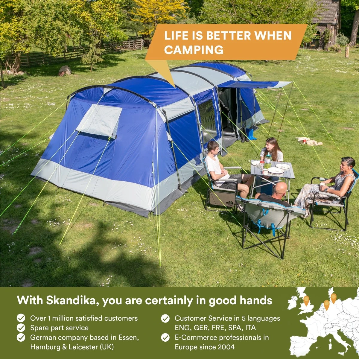 Skandika Montana 8 Tent – Tunneltenten – 8 Persoons Tent – Campingtent – 200 Cm Stahoogte – 2-4 Slaapcabines - Muggengaas – Familietent – 4 Ingangen – 700 X 310 X 200 Cm (L X B X H) - 5000 Mm Waterkolom – Outdoor, Camping – Kamperen – Blauw 6 Skandika Montana 8 Tent – Tunneltenten – 8 Persoons Tent – Campingtent – 200 Cm Stahoogte – 2-4 Slaapcabines - Muggengaas – Familietent – 4 Ingangen – 700 X 310 X 200 Cm (L X B X H) - 5000 Mm Waterkolom – Outdoor, Camping – Kamperen – Blauw - Afbeelding 4